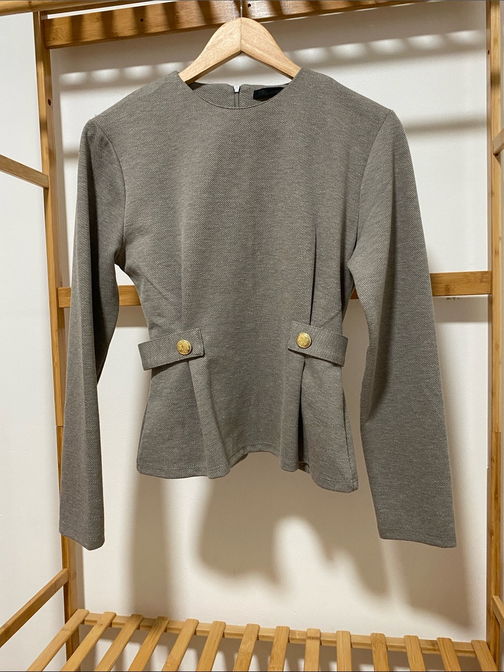 Zara Olive Peplum Long-Sleeve Top with Gold Buttons